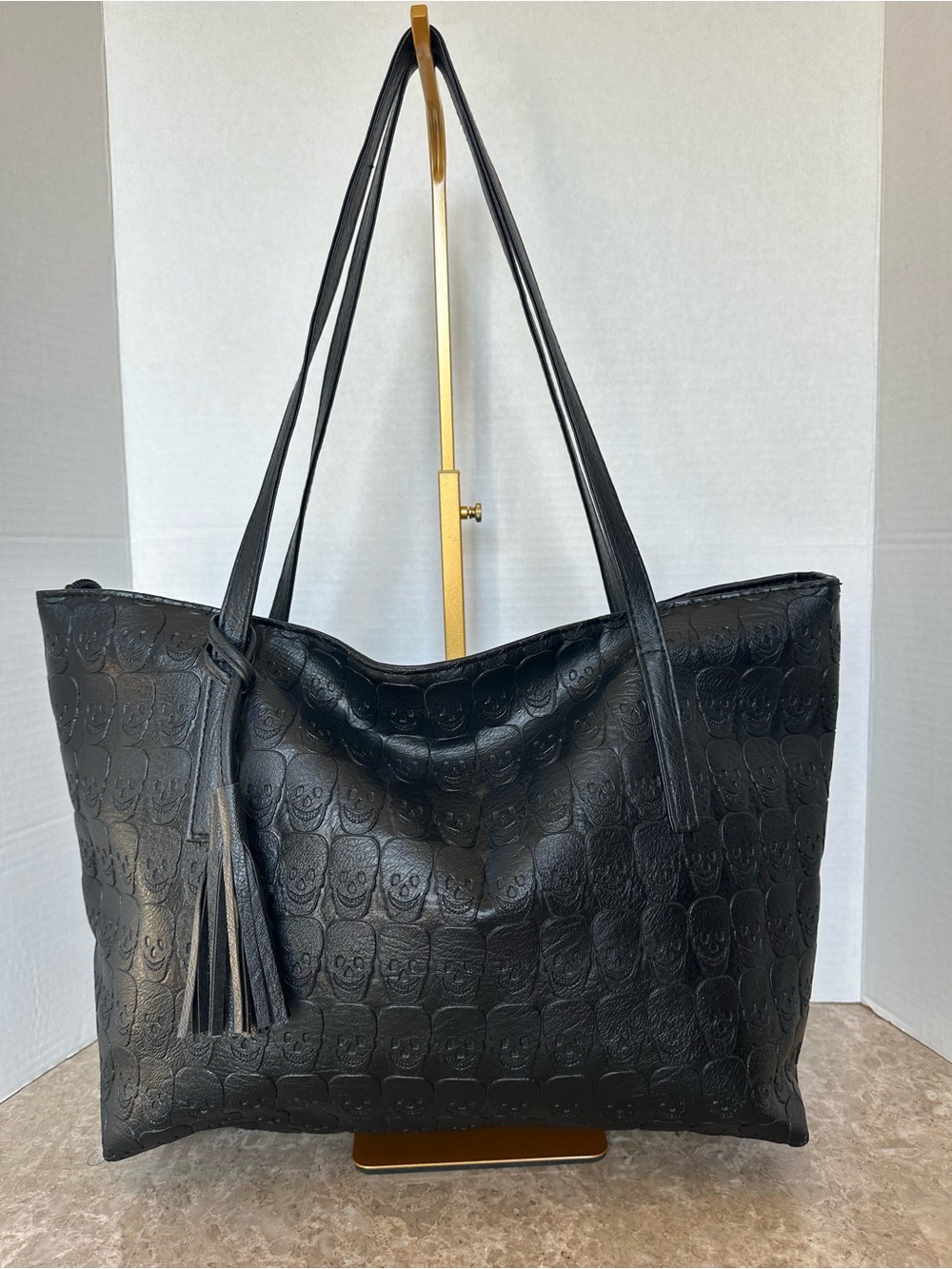 Black All Over Skull Embossed Faux Leather Slouchy Shoulder Tote Bag Tassel Goth